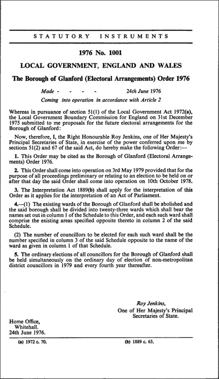 The Borough of Glanford (Electoral Arrangements) Order 1976