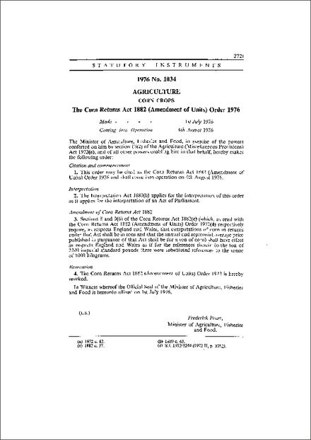 The Corn Returns Act 1882 (Amendment of Units) Order 1976
