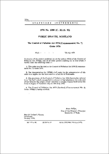 The Control of Pollution Act 1974 (Commencement No. 7) Order 1976