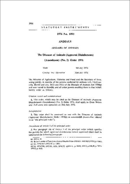The Diseases of Animals (Approved Disinfectants) (Amendment) (No. 2) Order 1976
