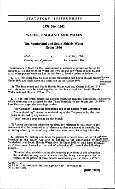 The Sunderland and South Shields Water Order 1976