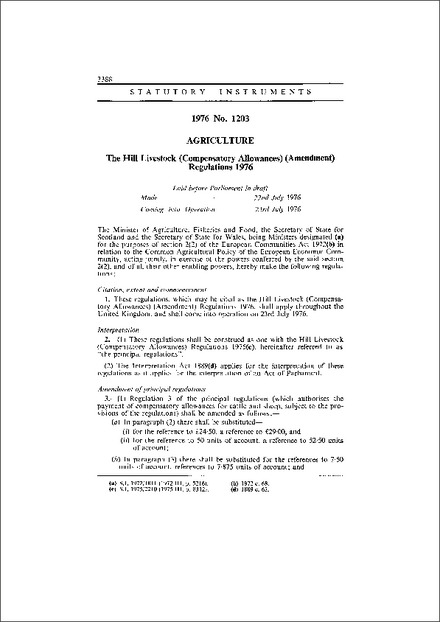 The Hill Livestock (Compensatory Allowances) (Amendment) Regulations 1976