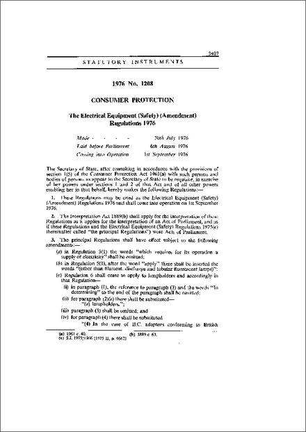 The Electrical Equipment (Safety) (Amendment) Regulations 1976