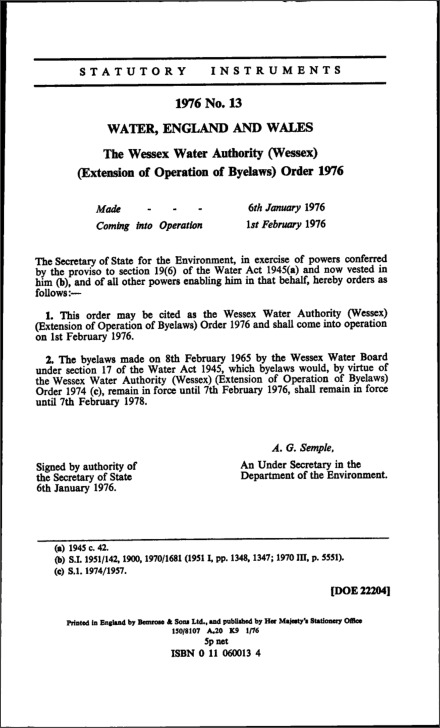 The Wessex Water Authority (Wessex) (Extension of Operation of Byelaws) Order 1976