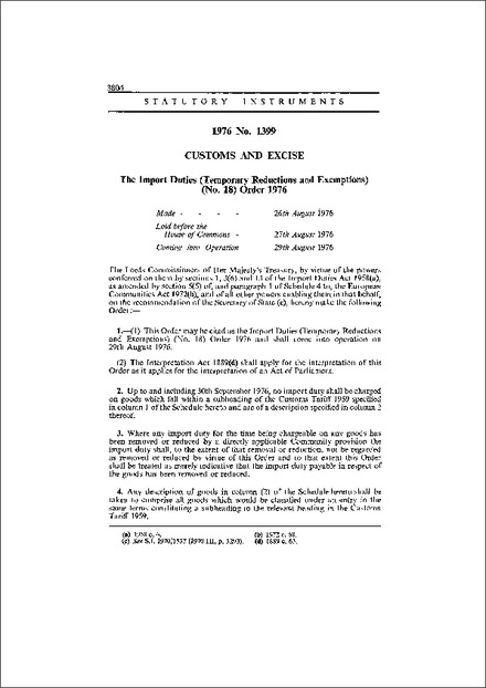 The Import Duties (Temporary Reductions and Exemptions) (No. 18) Order 1976