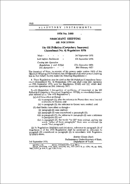 The Oil Pollution (Compulsory Insurance) (Amendment No. 4) Regulations 1976