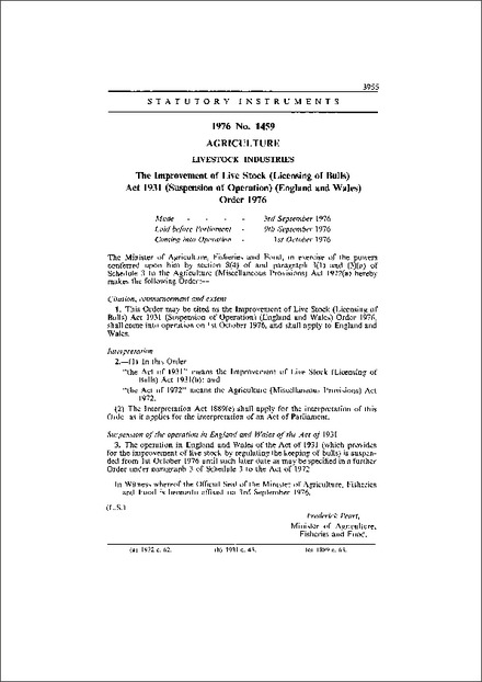 The Improvement of Live Stock (Licensing of Bulls) Act 1931 (Suspension of Operation) (England and Wales) Order 1976