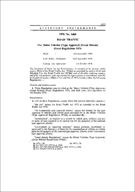 The Motor Vehicles (Type Approval) (Great Britain) (Fees) Regulations 1976