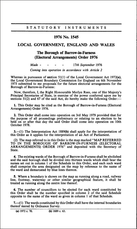 The Borough of Barrow-in-Furness (Electoral Arrangements) Order 1976