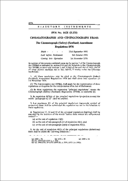 The Cinematograph (Safety) (Scotland) Amendment Regulations 1976