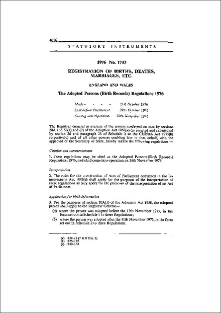 The Adopted Persons (Birth Records) Regulations 1976