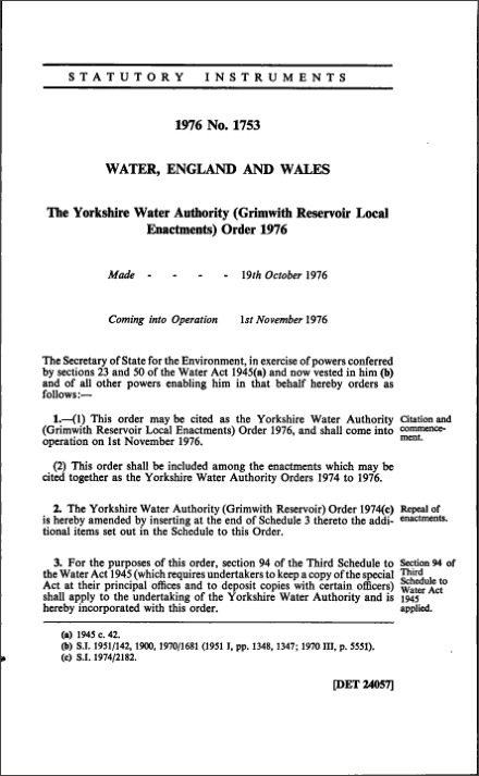 The Yorkshire Water Authority (Grimwith Reservoir Local Enactments) Order 1976