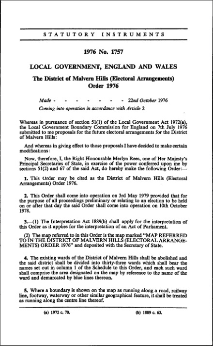 The District of Malvern Hills (Electoral Arrangements) Order 1976