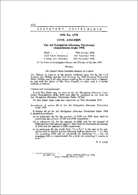 The Air Navigation (Overseas Territories) (Amendment) Order 1976