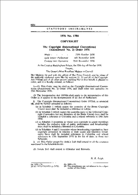 The Copyright (International Conventions) (Amendment No. 2) Order 1976