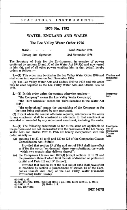 The Lee Valley Water Order 1976
