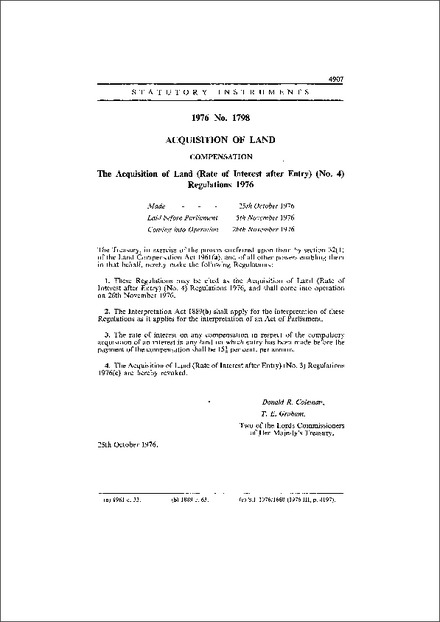The Acquisition of Land (Rate of Interest after Entry) (No. 4) Regulations 1976