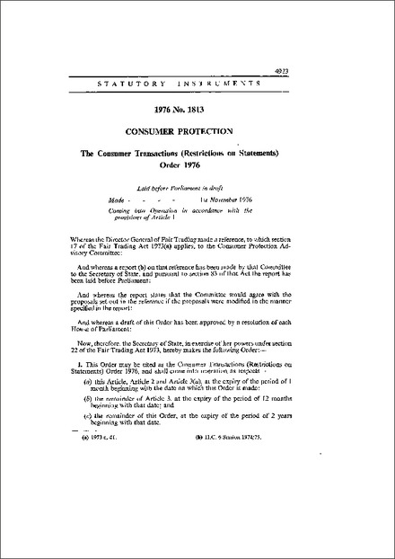 The Consumer Transactions (Restrictions on Statements) Order 1976