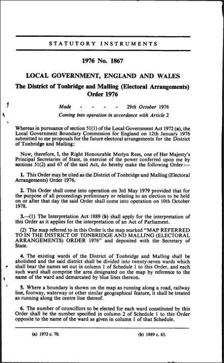The District of Tonbridge and Malling (Electoral Arrangements) Order 1976