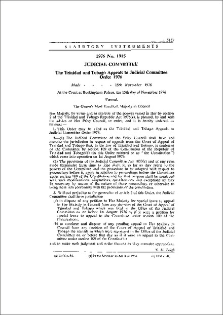 The Trinidad and Tobago Appeals to Judicial Committee Order 1976