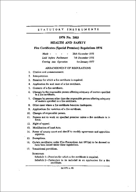 Fire Certificates (Special Premises) Regulations 1976