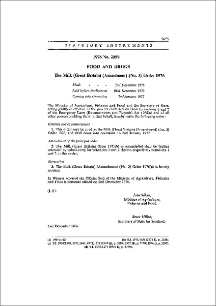 The Milk (Great Britain) (Amendment) (No. 3) Order 1976