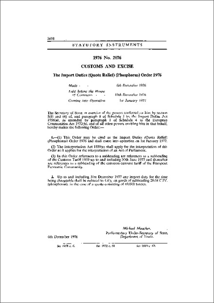 The Import Duties (Quota Relief) (Phosphorus) Order 1976