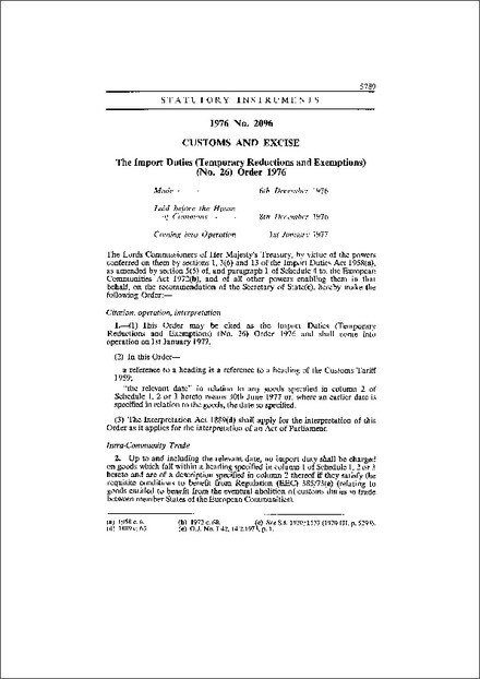 The Import Duties (Temporary Reductions and Exemptions) (No. 26) Order 1976