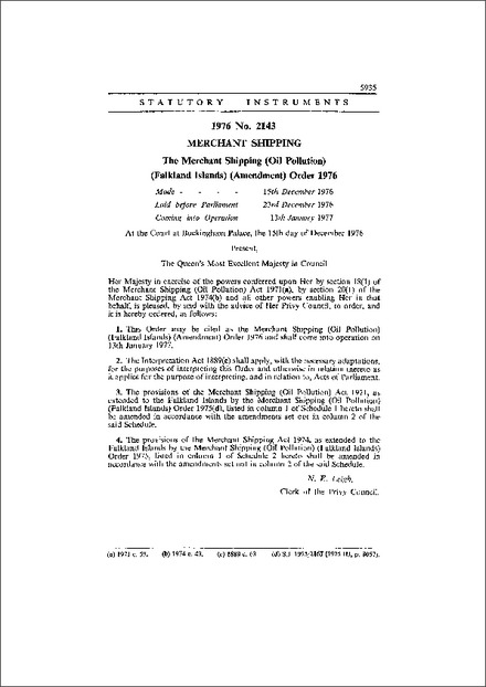 The Merchant Shipping (Oil Pollution) (Falkland Islands) (Amendment) Order 1976