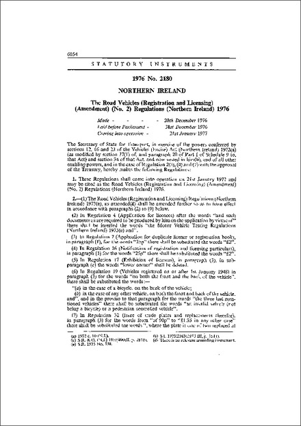 The Road Vehicles (Registration and Licensing) (Amendment) (No. 2) Regulations (Northern Ireland) 1976