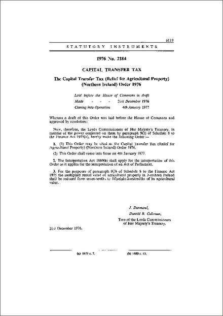 The Capital Transfer Tax (Relief for Agricultural Property) (Northern Ireland) Order 1976
