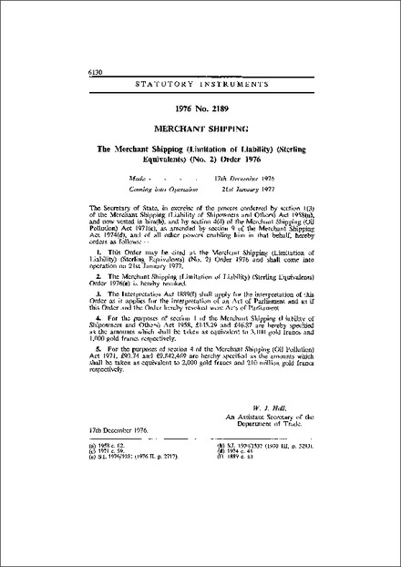 The Merchant Shipping (Limitation of Liability) (Sterling Equivalents) (No. 2) Order 1976