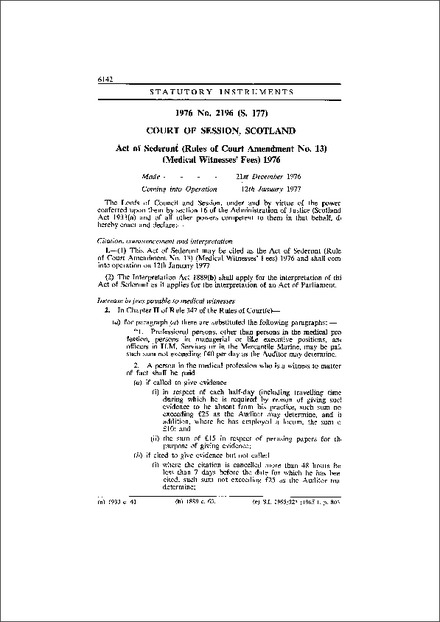 Act of Sederunt (Rules of Court Amendment No. 13) (Medical Witnesses' Fees) 1976
