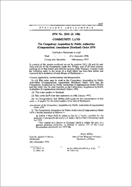 The Compulsory Acquisition by Public Authorities (Compensation) Amendment (Scotland) Order 1976
