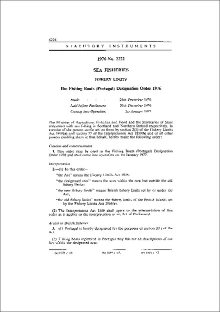 The Fishing Boats (Portugal) Designation Order 1976