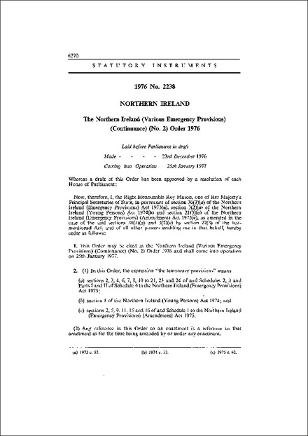 The Northern Ireland (Various Emergency Provisions) (Continuance) (No. 2) Order 1976