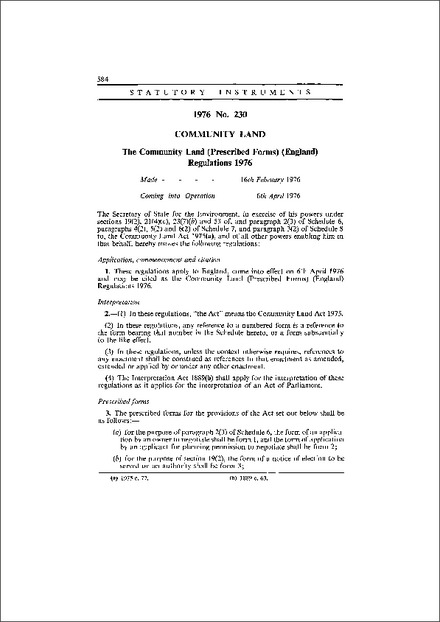 The Community Land (Prescribed Forms) (England) Regulations 1976
