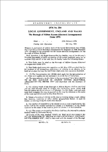 The Borough of Milton Keynes (Electoral Arrangements) Order 1976