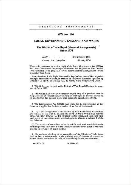 The District of Vale Royal (Electoral Arrangements) Order 1976