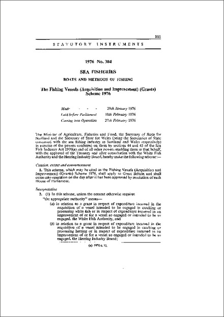 The Fishing Vessels (Acquisition and Improvement) (Grants) Scheme 1976
