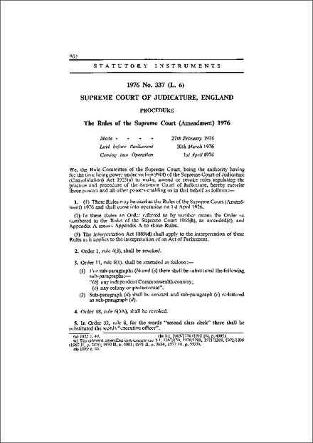 The Rules of the Supreme Court (Amendment) 1976