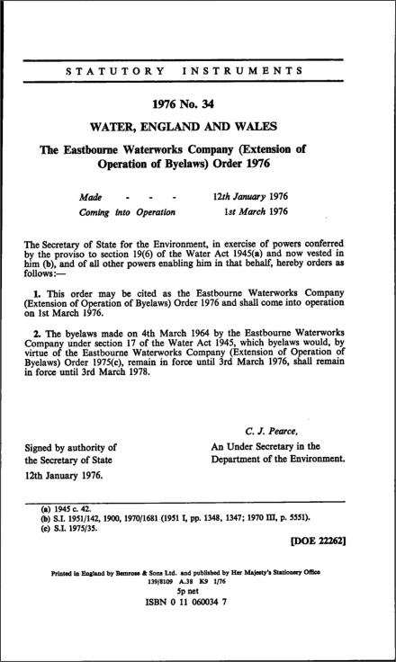 The Eastbourne Waterworks Company (Extension of Operation of Byelaws) Order 1976