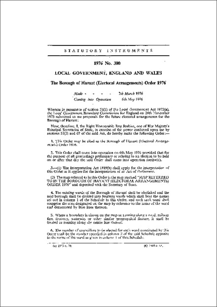 The Borough of Havant (Electoral Arrangements) Order 1976