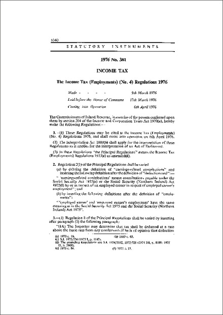 The Income Tax (Employments) (No. 4) Regulations 1976
