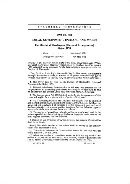 The District of Huntingdon (Electoral Arrangements) Order 1976