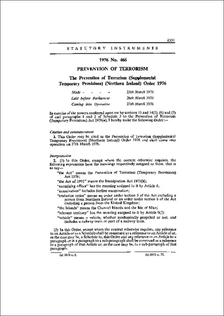 The Prevention of Terrorism (Supplemental Temporary Provisions) (Northern Ireland) Order 1976