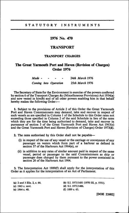 The Great Yarmouth Port and Haven (Revision of Charges) Order 1976