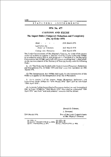 The Import Duties (Temporary Reductions and Exemptions) (No. 6) Order 1976