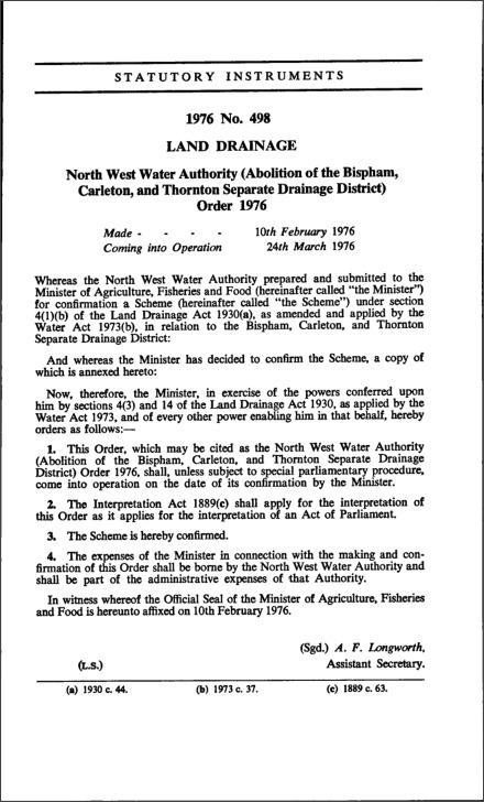 North West Water Authority (Abolition of the Bispham, Carleton, and Thornton Separate Drainage District) Order 1976