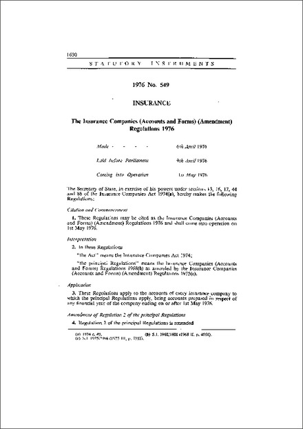 The Insurance Companies (Accounts and Forms) (Amendment) Regulations 1976